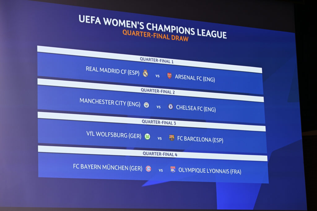 A screen shows the 2024/25 UEFA Champions League quarterfinal pairings at Friday's draw.