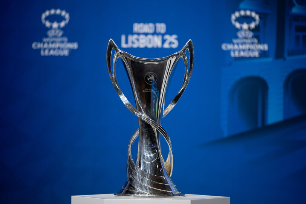 The UEFA Champions League trophy sits on display before the 2024/25 quarterfinals draw.