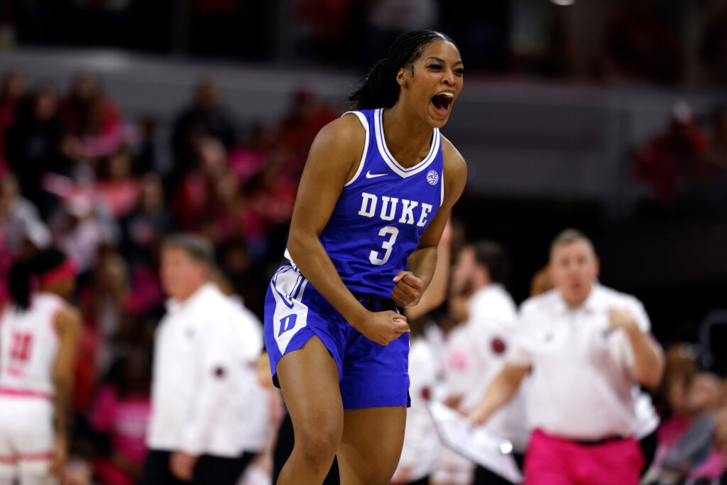 Duke's Ashlon Jackson celebrates a basket during a game against NC State on February 3rd, 2025.