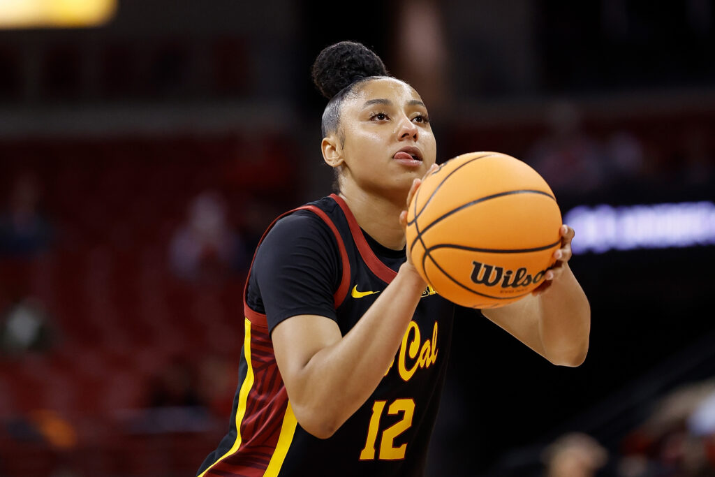 USC's JuJu Watkins lines up a free throw during a Big Ten basketball game.