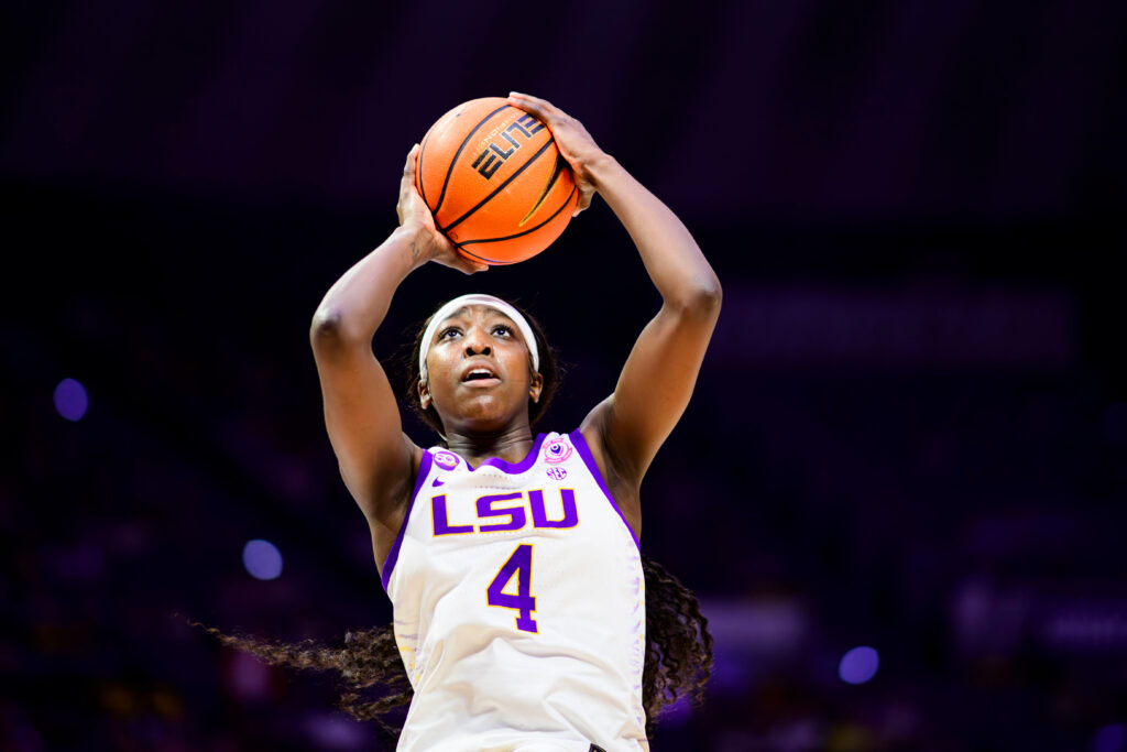 LSU's Flau'jae Johnson shoots the ball during a 2025 NCAA basketball game.