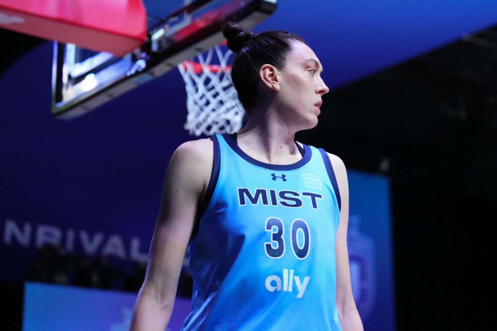 Mist star Breanna Stewart looks on during an Unrivaled game.