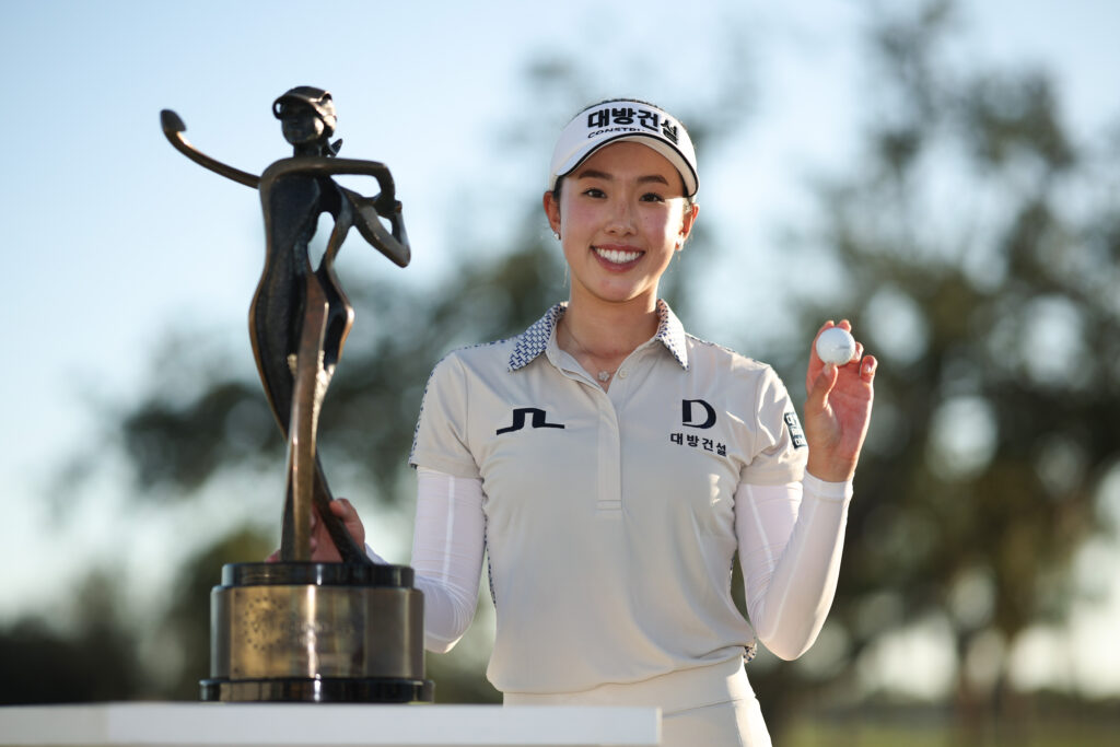 US golfer Yealimi Noh poses with her 2025 Founders Cup trophy.