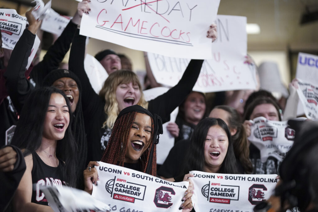 The South Carolina basketball student section cheers before their game against UConn.