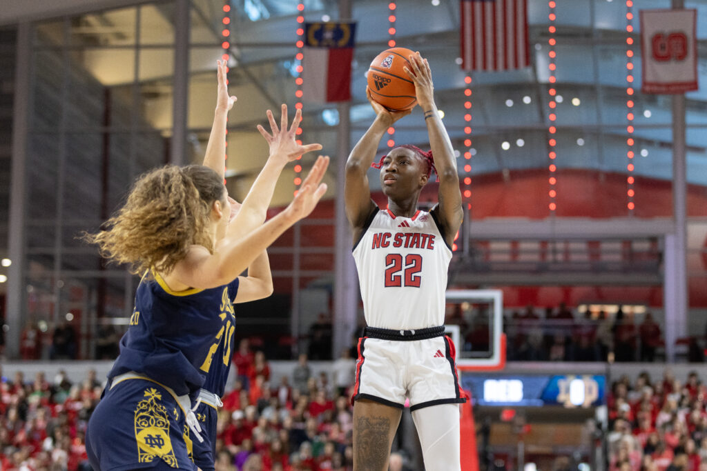 NC State guard Saniya Rivers shoots a jumper over a Notre Dame defender on Sunday.