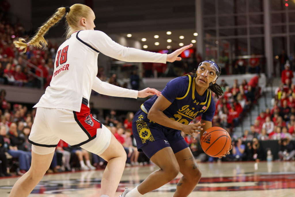 NC State forward Tilda Trygger stifles a shot from Notre Dame forward Liatu King on Sunday.