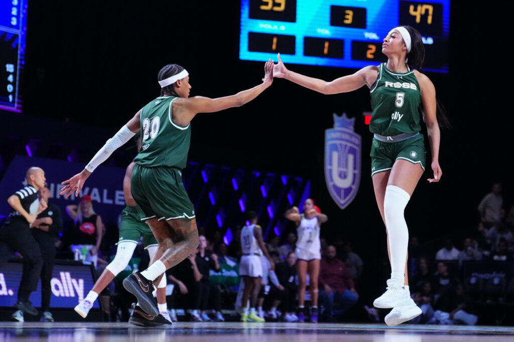 Rose BC's Angel Reese celebrates a bucket against the Lunar Owls during Friday's Unrivaled game.