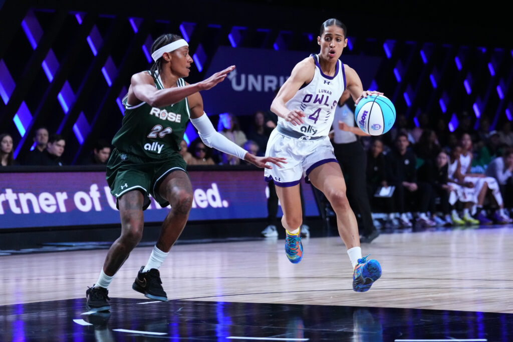 Lunar Owls star Skylar Diggins-Smith dribbles the ball against Rose BC's Brittney Sykes in Friday's Unrivaled game.