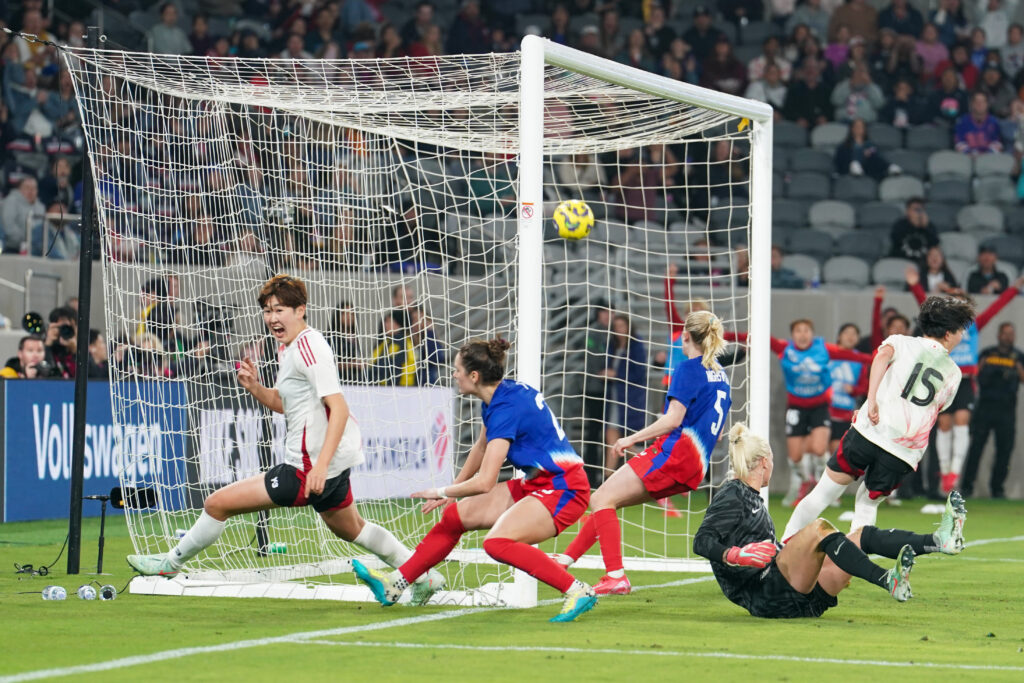 Japan's Toko Koga celebrates her game-winning goal against the USWNT in the 2025 SheBelieves Cup final.