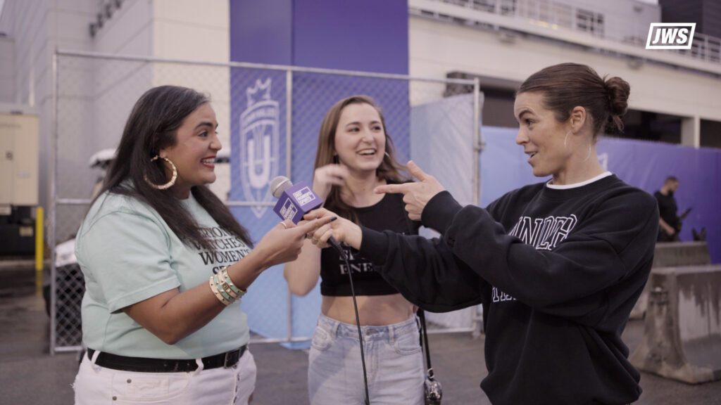 Sports Are Fun! host Kelley O'Hara interviews fans outside of Unrivaled Basketball's Miami arena.