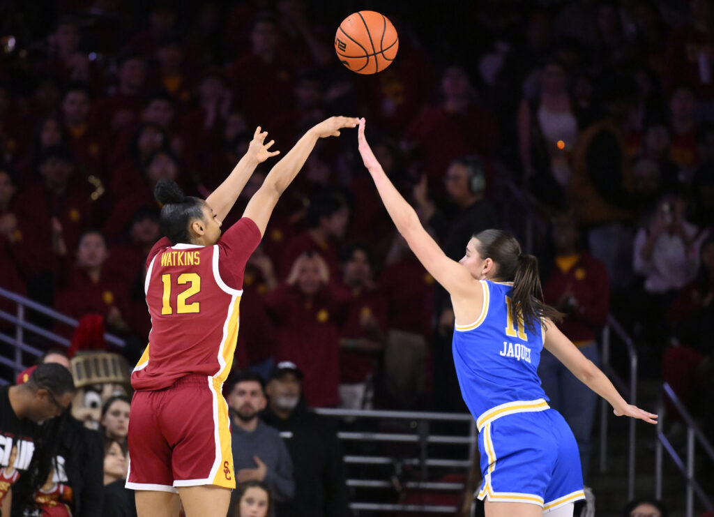 USC's JuJu Watkins shoots over UCLA's Gabriela Jaquez during the Big Ten rivals' game on February 13th.