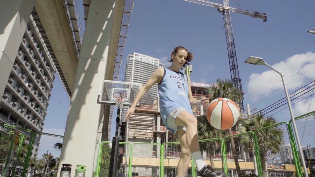 Sports Are Fun! host Kelley O'Hara juggles a basketball outside Unrivaled's arena in Miami.