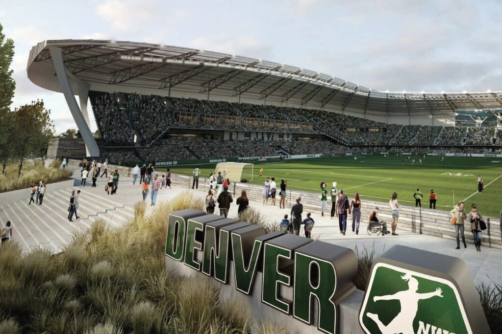 A rendering looks in at Denver's new NWSL stadium.