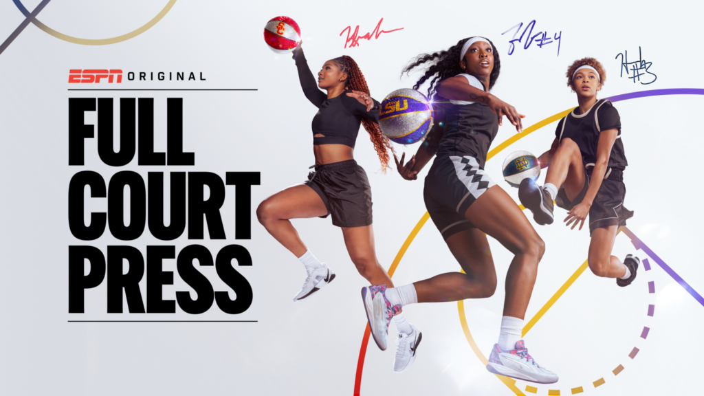 A "Full Court Press" graphic shows season two stars Kiki Iriafen, Flau'jae Johnson, and Hannah Hidalgo.