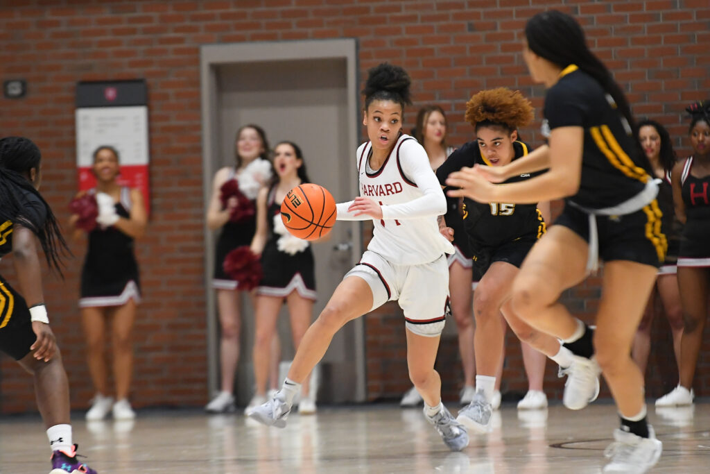 Harvard star Harmoni Turner dribbles during a 2023 game.