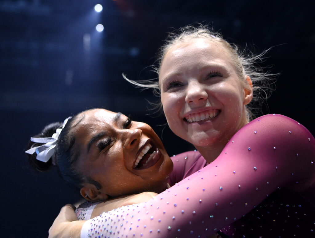 Jordan Chiles and Jade Carey hug after both medaled in vault at the 2022 World Gymnastics Championships.