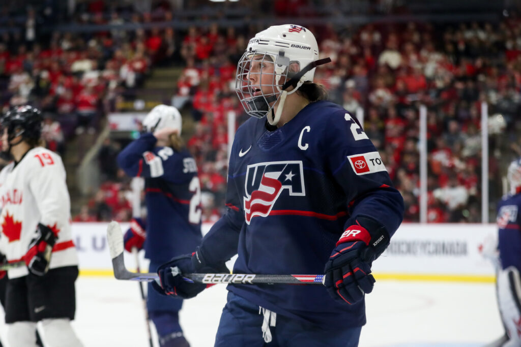 USA captain Hilary Knight skates during the 2023 IIHF final.