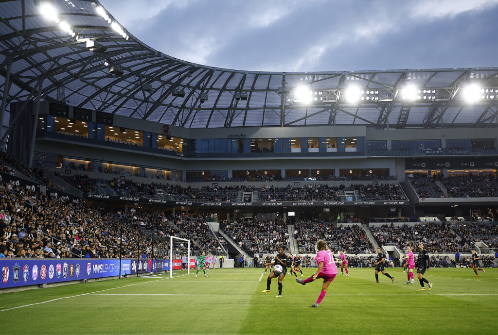 Rivals San Diego and Angel City battle on the pitch during a 2024 NWSL match.