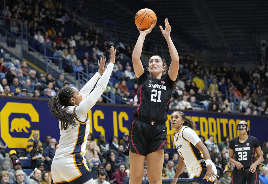 Stanford's Brooke Demetre shoots the ball over a Cal defender during a December 2024 NCAA basketball game.