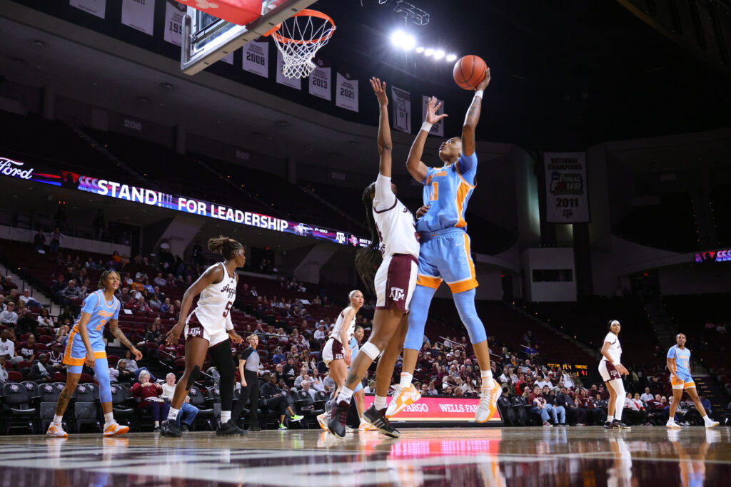 Tennessee's Zee Spearman shoots the ball over Texas A&M's Sahara Jones during a 2025 NCAA basketball game.