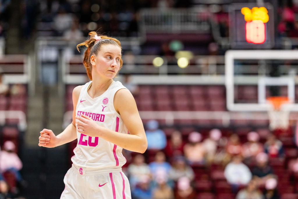 NCAA team Stanford Cardinal guard Elena Bosgana (20) runs up the court during a game against the North Carolina Tar Heels.