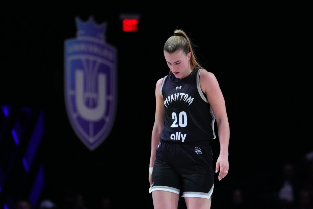 Phantom BC star Sabrina Ionescu looks down during a 2025 Unrivaled game.