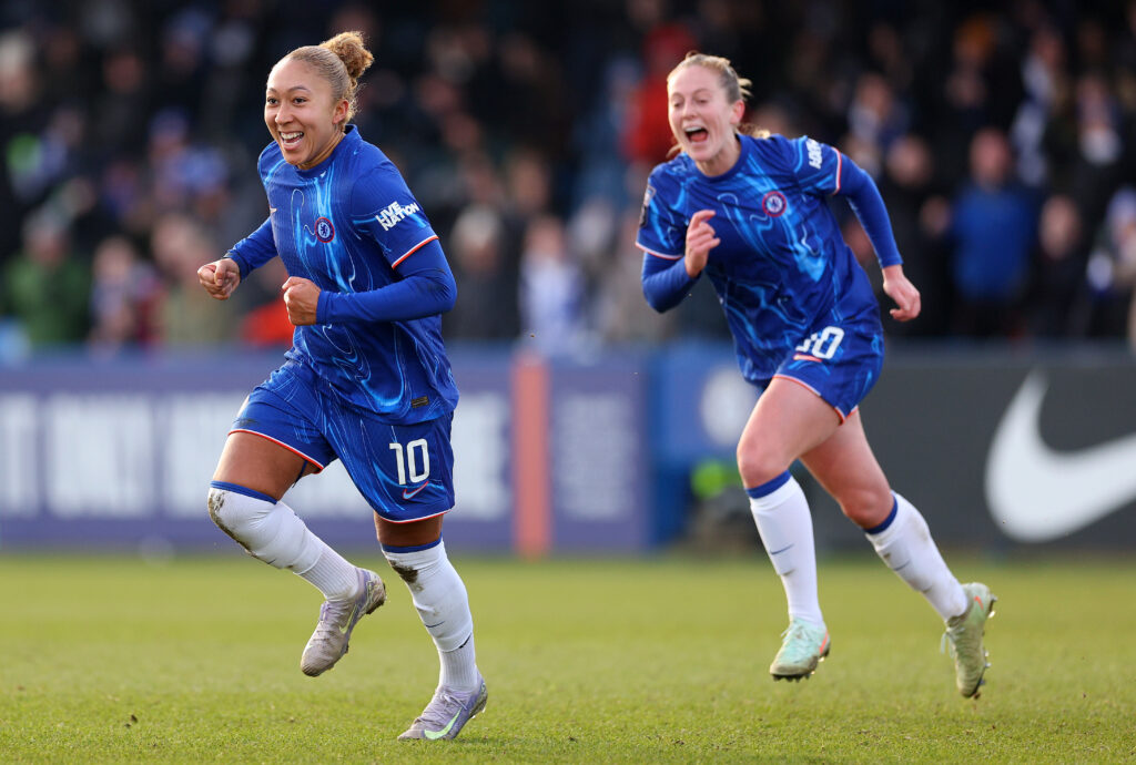 Chelsea star Lauren James celebrates a goal during a February WSL match.