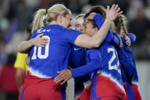 The USWNT celebrates a goal during their 2025 SheBelieves Cup match against Colombia.