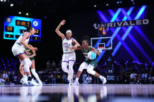 Lunar Owl Allisha Gray defends Rose BC's Chelsea Gray during a 2025 Unrivaled game.