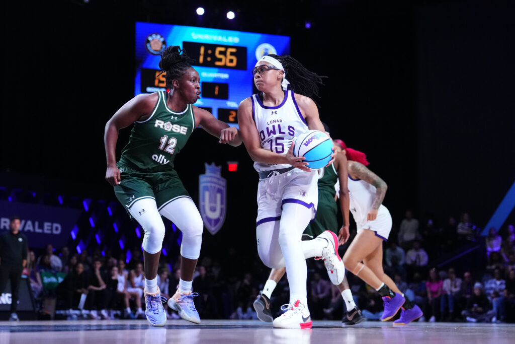 Rose BC guard Chelsea Gray defends as Lunar Owls star Allisha Gray drives to the basket during a 2025 Unrivaled game.