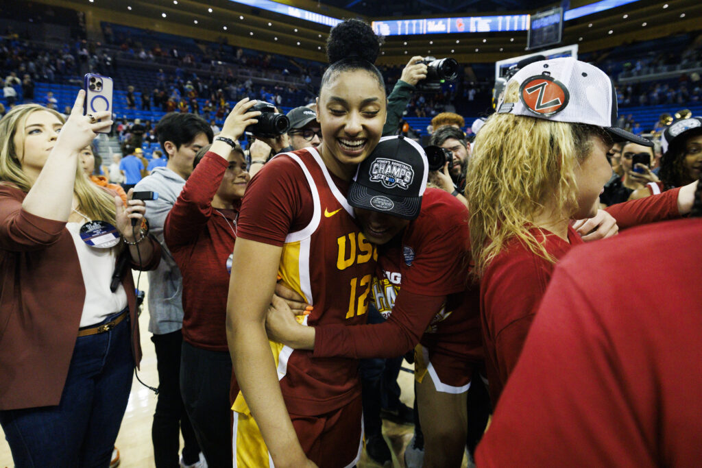 JuJu Watkins celebrates USC's Big Ten championship victory over UCLA on Saturday.