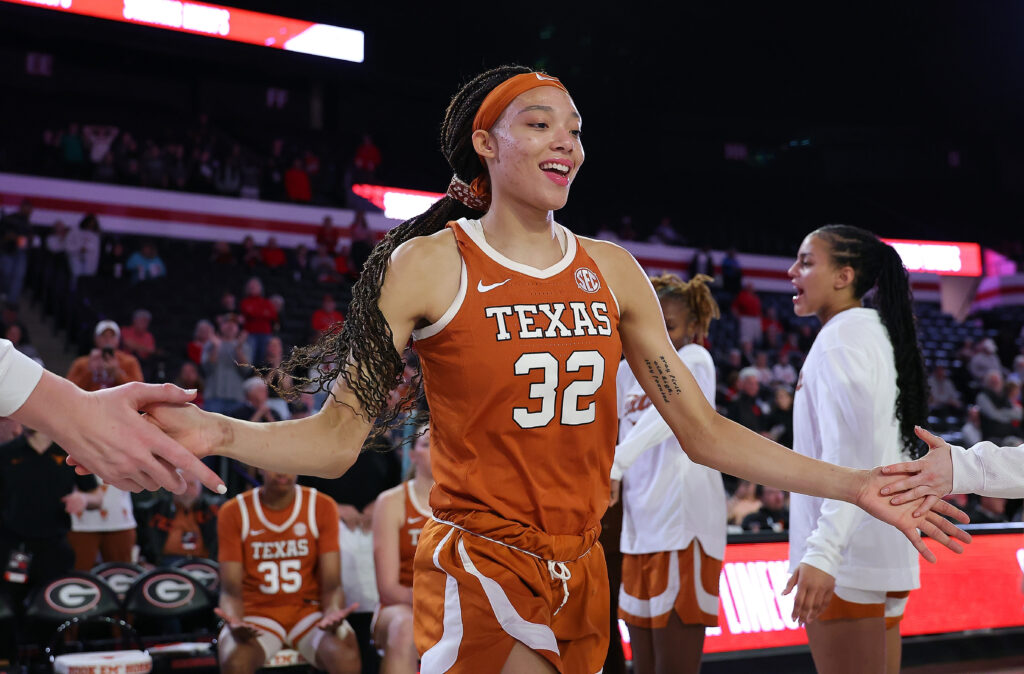 Texas junior guard Ndjakalenga Mwenentanda enters the court for a 2025 SEC basketball game.