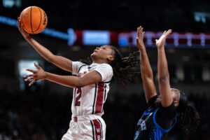 MiLaysia Fulwiley lays up a shot during South Carolina's 2024/25 NCAA basketball regular-season finale win over Kentucky.