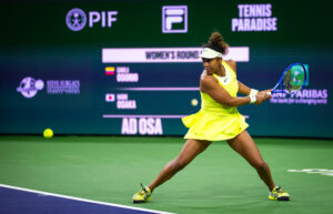 Naomi Osaka eyes an incoming shot during her first-round Indian Wells loss on Wednesday.