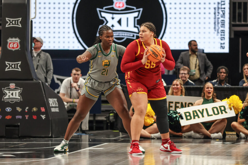 Baylor's Aaronette Vonleh defends Iowa State's Audi Crooks during a 2025 Big 12 tournament game.