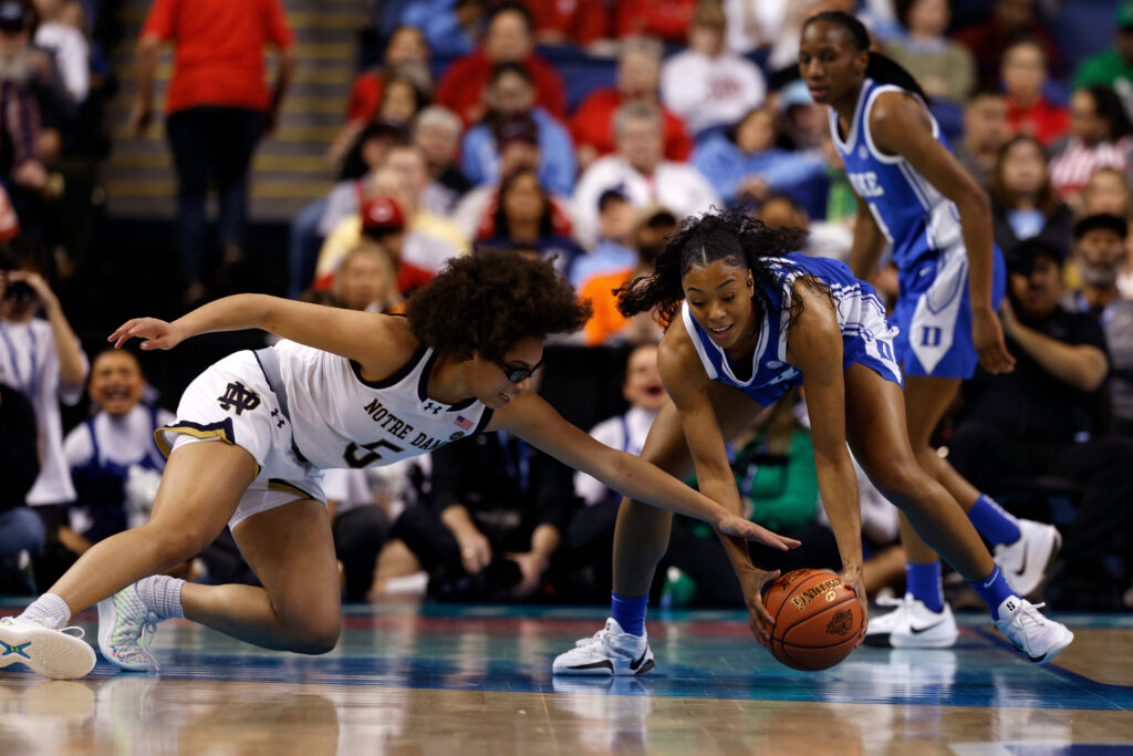 Duke's Reigan Richardson steals the ball from Notre Dame's Olivia Miles during their 2025 ACC tournament semifinal game.