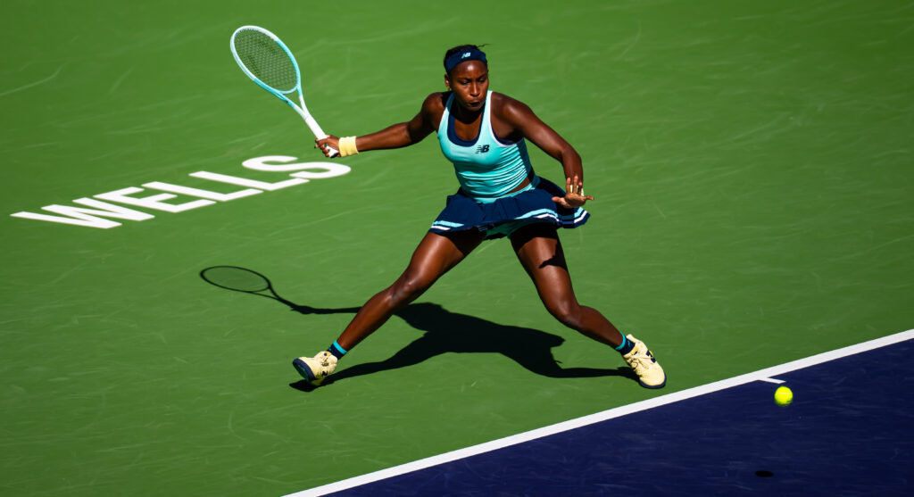 US tennis star Coco Gauff eyes a volley from Japan's Moyuka Uchijima in their 2025 Indian Wells opening match.