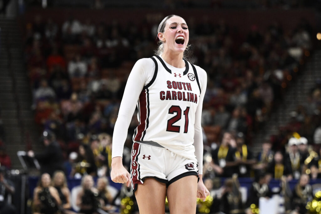 South Carolina's Chloe Kitts celebrates a basket during a 2025 SEC tournament game.