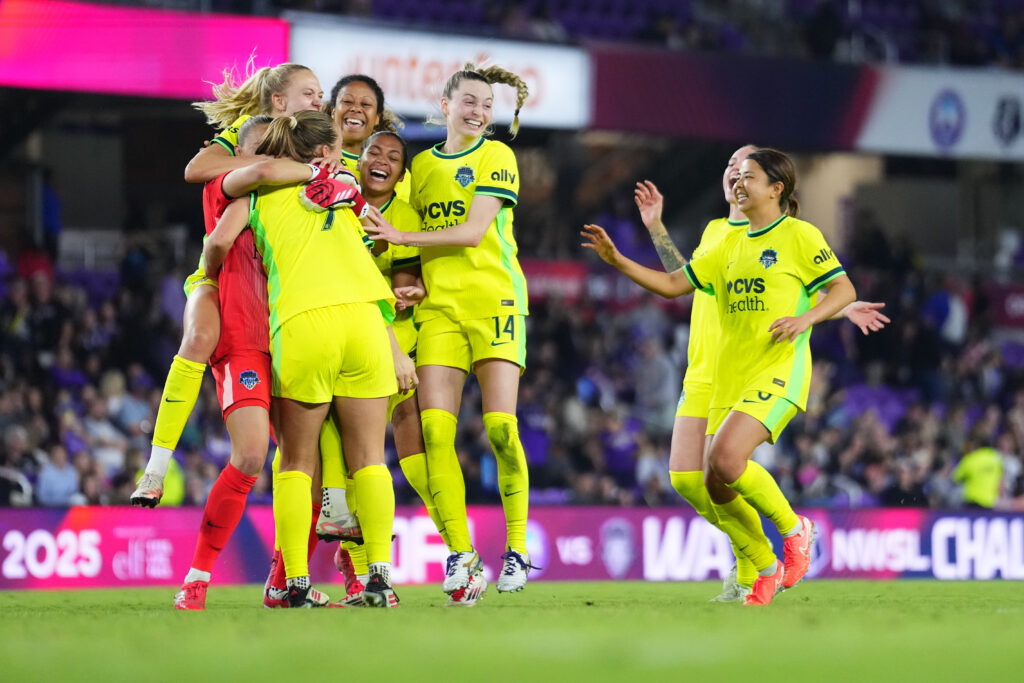 The Washington Spirit celebrates their penalty shootout victory over the Orlando Pride to win the 2025 NWSL Challenge Cup.