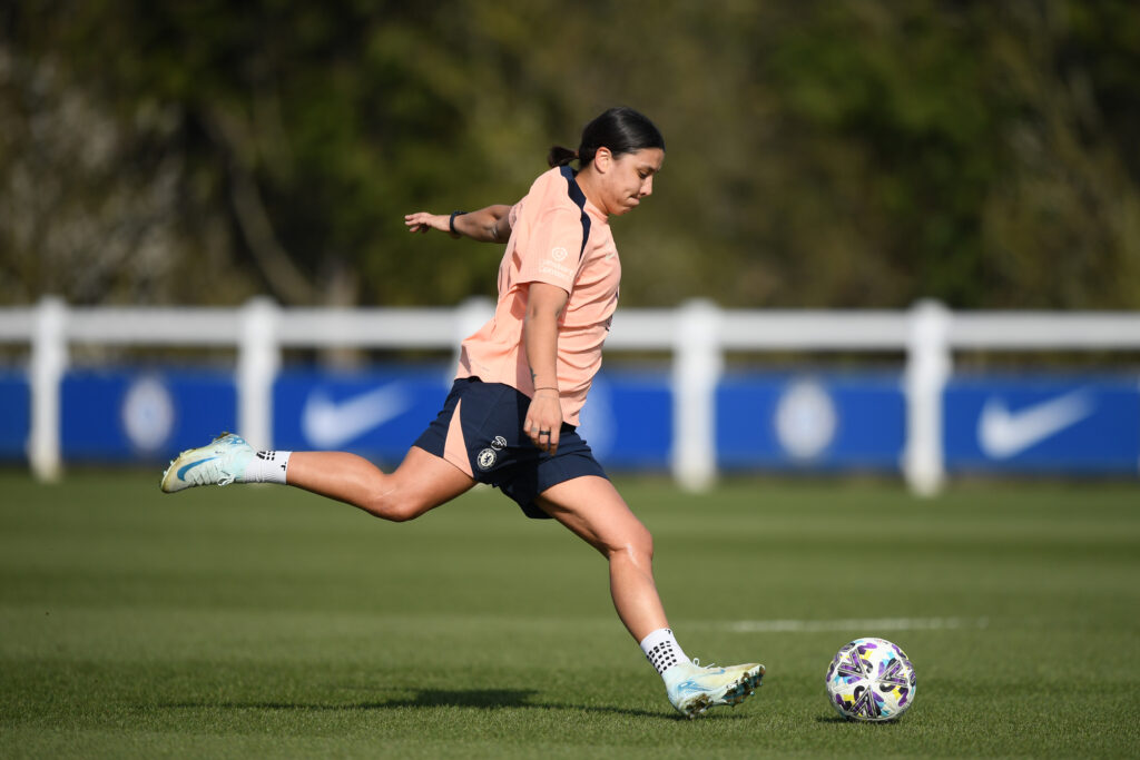 Chelsea star Sam Kerr takes part in training on March 8, 2025.