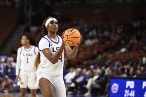 LSU star Aneesah Morrow lines up a free throw during a 2025 NCAA basketball game.