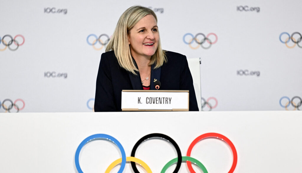 New IOC president-elect Kirsty Coventry addresses the media after winning Thursday's election.