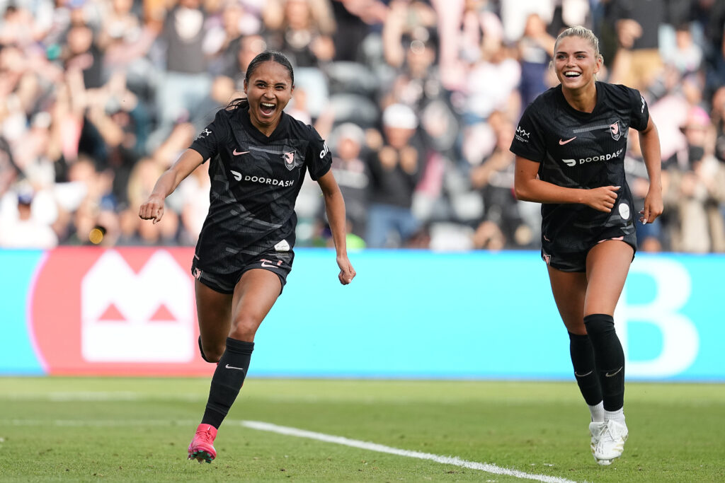 Alyssa Thompson #21 of Angel City FC celebrates after scoring the team's first goal of the 2025 NWSL season during the NWSL match between Angel City FC and San Diego Wave.