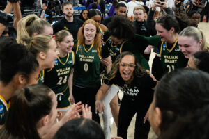 William & Mary celebrate their 2025 First Four March Madness win over High Point.