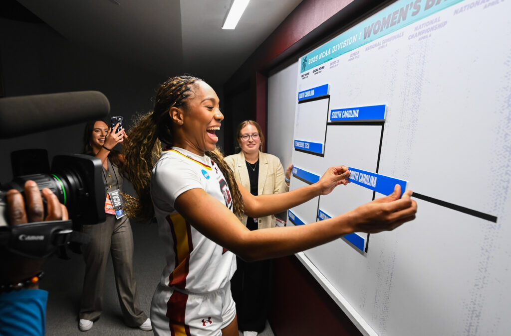 South Carolina's Bree Hall moves the team name into the Sweet Sixteen spot on the March Madness bracket.