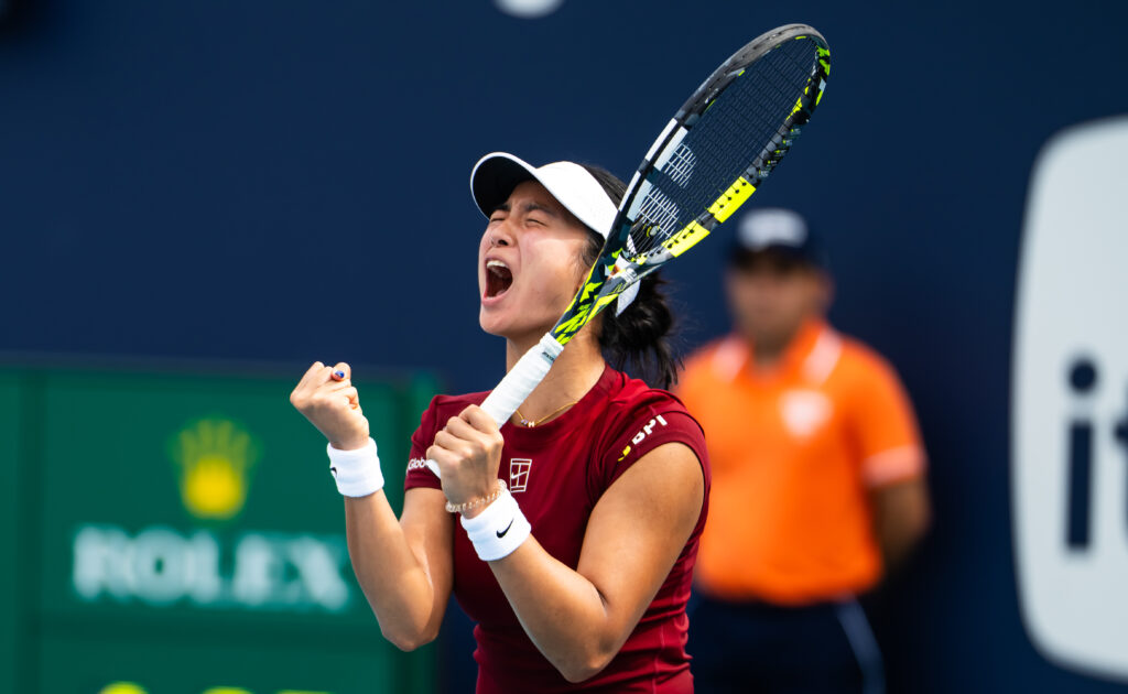 Alexandra Eala of the Philippines celebrates her defeat of No. 5 Madison Keys at the 2025 Miami Open.