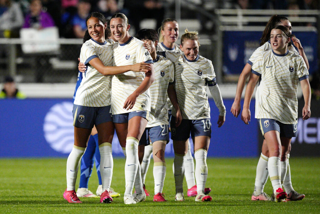 Seattle rookie Jordyn Bugg celebrates her first professional goal during the second matchday of the 2025 NWSL season.