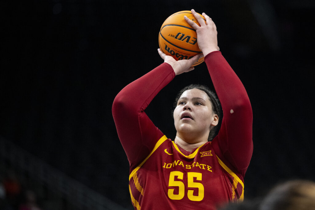 Iowa State basketball star Audi Crooks shoots a free throw during a 2025 Big 12 tournament game.