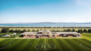 A rendering of the Bay FC training facility in the center of San Francisco Bay.