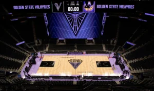 A view of the Valkyries' court at the Chase Center, set up for Tuesday's WNBA preseason game against the LA Sparks.